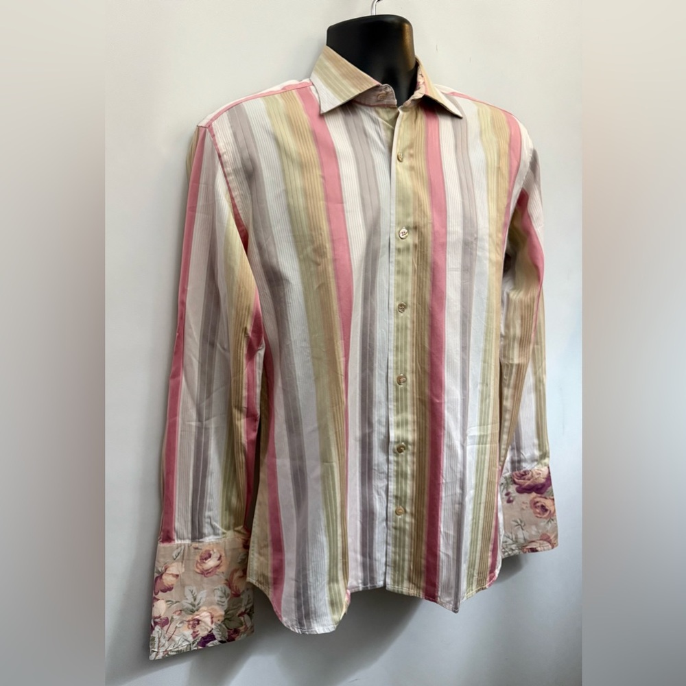 TED BAKER LONDON Mens 15.5/39 Flip Cuff Striped French Cuff Pearl Buttons Sheen - Picture 11 of 14